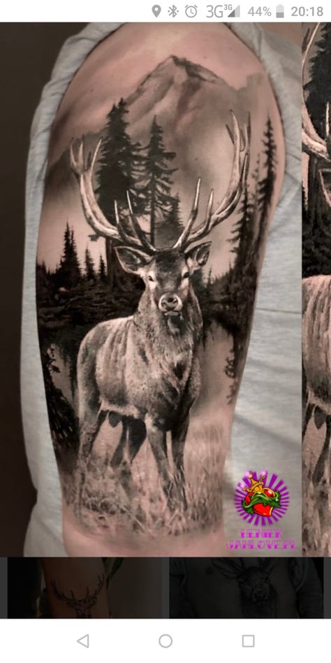 Stag Forest Tattoo, Stag Back Tattoo, Stags Head Tattoo, Deer Leg Tattoo, Stag Tattoo Design Men, Deer Tattoo Sleeve, Deer Mountain Tattoo, Scottish Stag Tattoo, Bow Hunter Tattoo