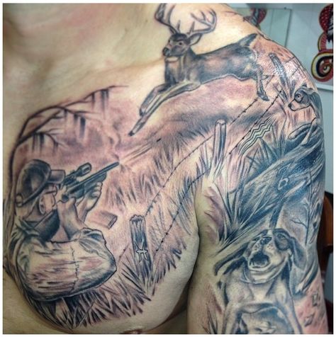 Hunting Deer with Dogs Tattoo. Looks like this hunter had some help from his dogs. Outdoor Tattoos, Duck Hunting Tattoos, Bow Hunting Tattoos, Chest Tattoo Men Ideas, Deer Hunting Tattoos, Tattoo Men Ideas, Deer Tattoos, Tattoo Memorial, Tattoo Zone