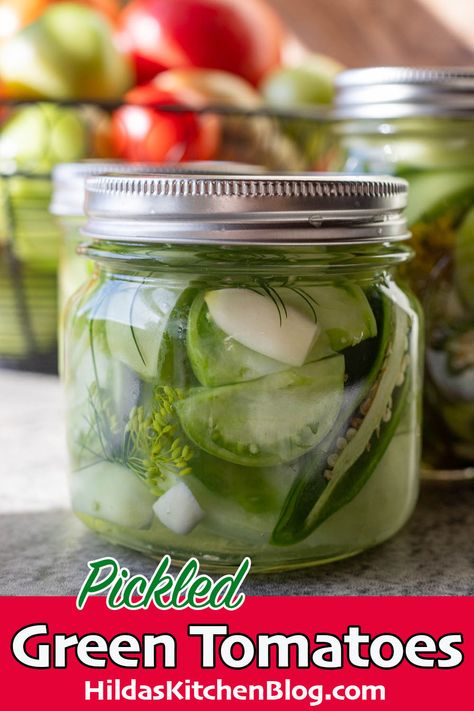 This pickled green tomatoes recipe is easy, delicious, and a great way to use up leftover green tomatoes at the end of the growing season! Pickled Green Tomatoes Recipe, Assyrian Recipes, Cherry Tomato Confit, Tomato Confit, Pickled Green Tomatoes, Green Tomato Recipes, Tomatoes Recipe, Pickled Veggies, Snack Dip