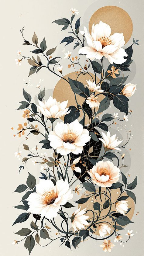 This exquisitely detailed painting presents a stunning blend of Art Nouveau influences, displaying a seamless fusion of floral and geometric elements. Positioned on the left, delicate white flowers adorned by lush green leaves gracefully intertwine with abstract geometric motifs in the form of one yellow and one white circle, creating an image that elegantly captures both the intricacies of nature and the simplicity of modern lines. Art Nouveau Botanical, Motifs Art Nouveau, Art Nouveau Flowers, Geometric Elements, White Circle, Geometric Motifs, Lush Green, Green Leaves, White Flowers