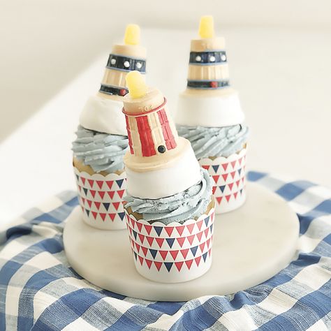 Lighthouse Cupcake Recipe Featured by Coastal Living Beach Party Desserts, Dreamsicle Cupcakes, Lighthouse Cake, Piping Frosting, Easy Cupcake Recipes, Dessert Spread, Blue Food Coloring, Cupcake In A Cup, Easy Cupcakes