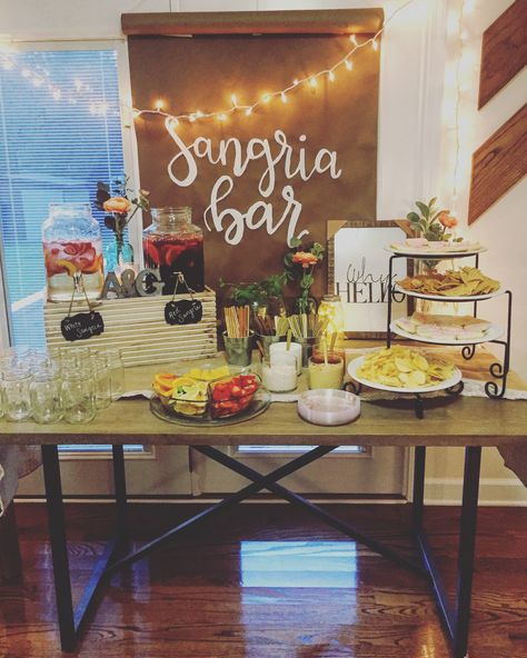 Engagement Party Food Table Decor, Sangria Bridal Shower Ideas, Sangria Party Ideas, Engagement Housewarming Party, Wine Bar Ideas Party, Summer Engagement Party Ideas, Sangria Bar Ideas, Engagement Party Drinks, Engagement Party Ideas Themes