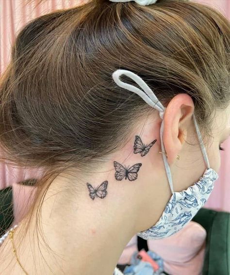 Small Butterfly Tattoo Behind Ear Simple, Butterfly Tattoo Behind The Ear, Butterfly Tattoo Behind Ear, Tattoo Behind The Ear, Unique Tattoos Black Women, Mens Butterfly Tattoo, Realistic Butterfly Tattoo, Cool Butterfly, Rose And Butterfly Tattoo