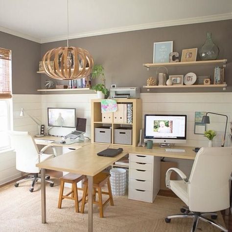 Finally got around to blogging a few photos of our home office makeover. Well, the finished product anyway! Link in profile.: Home Office Layouts, Farmhouse Office, Storage Desk, Decor Ikea, Office Guest Room, Dream Office, Office Inspo, Office Layout, Office Makeover