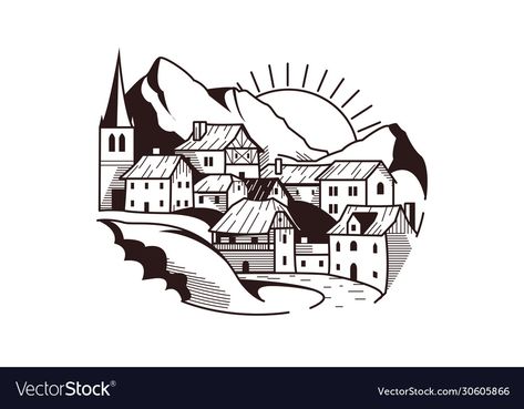 Village Vector Illustration, Village On Mountain, Village Vector, Village Sketch, Village Logo, Village Scene Drawing, Landscape Vector Illustration, Village Drawing, Landscape Vector