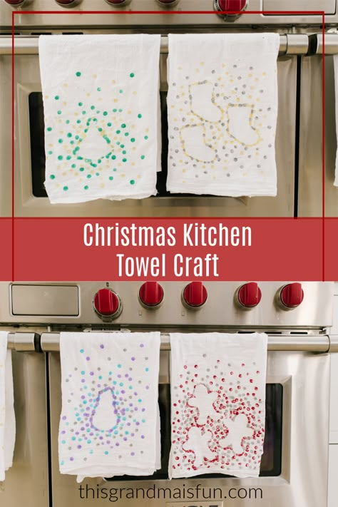 Christmas Kitchen Towel Craft - TGIF - This Grandma is Fun Flour Sack Towels Crafts, Tea Towels Crafts, Kitchen Towels Diy, Homemade Gifts For Friends, Kitchen Towels Crafts, Christmas Diy Kids, Tea Towels Diy, Christmas Hand Towels, Diy Towels