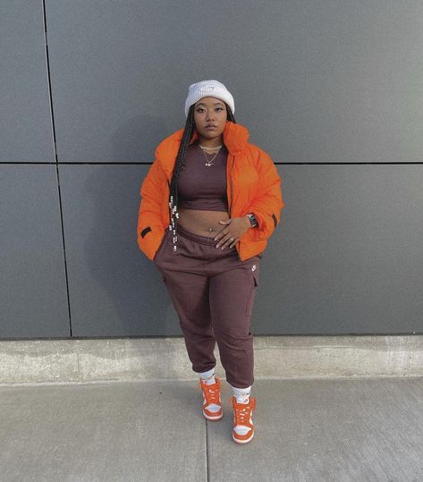 Nike Dunk High Outfit, Dunk High Outfit, Nike Dunk Outfit, Winter Baddie, Orange Jordan, Dunk Outfit, Dunks Outfit, Over 40 Fashion, Nike Sweats