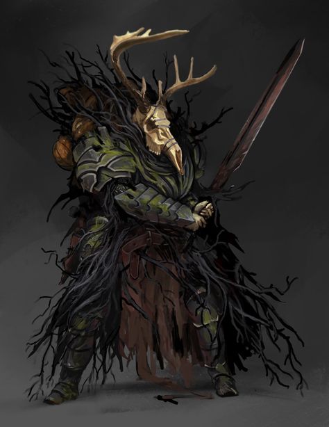 Knight of the Cursed Forest, Todd Ulrich on ArtStation at https://www.artstation.com/artwork/k4Lwwn Forest Knight, Cursed Forest, Heroic Fantasy, Monster Concept Art, Dungeons And Dragons Characters, Manama, Fantasy Monster, Fantasy Armor, Creature Concept Art