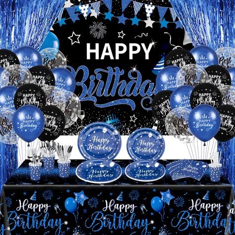 PRICES MAY VARY. ✨【Blue and Black Birthday Party Supplies】This blue and black party decoration set includes 1 x happy birthday banner, 1 x birthday tablecloth, 10 x black balloons, 10 x blue balloons, 10 x confetti balloons, 2 x blue Colored foil curtain backdrop, 12 x dinner plates, 12 x dessert plates, 12 x cups, 12 x napkins, 12 x knives, 12 x forks, and straw cutlery set, enough for everything you need to decorate your birthday party. Create a gorgeous atmosphere ✨【Great for Birthday Party】 Black Birthday Decorations For Men, Blue And Black Birthday, Black Birthday Decorations, Navy Blue Birthday, Black Happy Birthday, Blue Birthday Party, Black Party Decorations, Curtain Backdrop, Birthday Decorations For Men