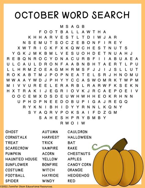 A fall word search with October words. Fall After School Activities, October School Age Activities, Fall Harvest Games, October Homeschool Ideas, Pumpkin Word Search, October Word Search, September Word Search, October Word Search For Kids, October Worksheets