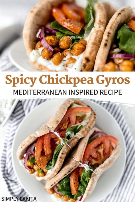 Chickpea Gyro Recipe, Vegetable Gyro, Spicy Chickpea Recipes, Gyro Side Dish, Chickpea Wrap Recipes, Veggie Gyro, Gyro Recipes, Chickpea Gyros, Mediterranean Wrap