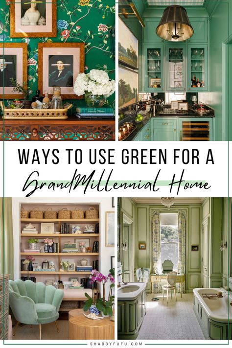 Not sure how to add the grandmillenial style to your home using green? In this post, we'll show amazing ideas and home interior designs that have nailed the grandmillenial style to a T. grandmillenial rugs | grandmillenial style living room pendant lights & chandeliers | traditional home decor Light Green Aesthetic Living Room, Grand Millennial Living Room With Tv, Grandmillennial Interior Design, Grandmillenial Style Foyer, Dark Grandmillenial Style, Grandmillenial Decor Style, Grandmillenial Hallway, Traditional Green Living Room, Light Blue Green Living Room