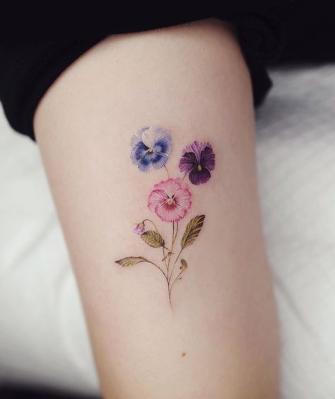 Pansy 💗 . . #soltattoo#솔타투#colortattoo#smalltattoo#flowertattoo#koreantattoo Pansy Tatoos, Pansy Flower Tattoo, Rebecca Tattoo, Pansy Tattoo, Violet Flower Tattoos, Knitting Tattoo, Violet Tattoo, Wildflower Tattoo, Beautiful Flower Tattoos