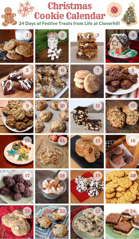 Christmas Cookie Calendar - 24 Days of Sweet Treats - Life at Cloverhill 25 Days Of Christmas Cookies, Cookie And Bar Recipes, 2024 Holidays, Cookie Baskets, Milk For Santa, Christmas Cookie Recipes Holiday, Christmas Baking Cookies, Cv Tips, A Glass Of Milk