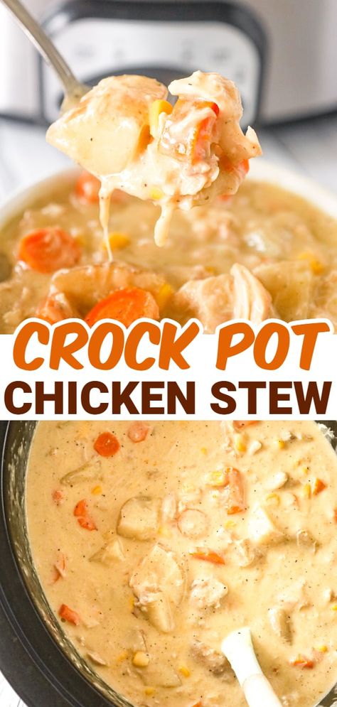 Crock Pot Chicken Stew is a hearty slow cooker dinner recipe loaded with chicken thigh chunks, russet potatoes, carrots, onions and corn all cooked in a creamy chicken soup mixture. Chicken Cubes Crockpot Recipes, Crockpot Chicken And Carrots Recipes, Crock Pot Soup Recipes With Chicken, Slow Cook Chicken Stew, Chicken Potato Carrot Crockpot, Southern Style Chicken Stew, Chicken Stew In Crockpot, Creamy Chicken Stew Crockpot, Crock Pot Chicken Stew Recipes