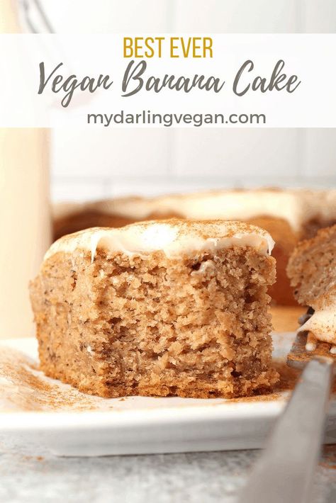 If you've been looking for an upgrade from banana bread to use up those overripe bananas, I have just the solution for you. My Vegan Banana Cake is perfectly moist, lightly sweet, and slathered with a sumptuous and tangy cream cheese frosting that you will absolutely love! Egg Free Banana Cake, Banana Cake Vegan, Vegan Banana Cake, Banana Recipes Overripe, Vegan Breads, Banana Bread Cake, Banana Snacks, Vegan Frosting, Vegan Baking Recipes