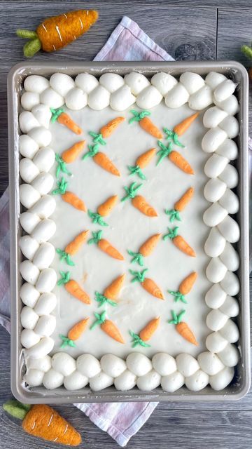 Mandy Merriman - Baking with Blondie on Instagram: "Okay but those teeny tiny carrots!!! 😍😍😍 Meet my favorite carrot cake in all the land… And perhaps yours, too? Here’s another fun way to turn my stacked carrot cake into a fun sheet cake! With the Wilton 1A, 10, and 5 tip, you’ve got this! Add the border braid and a few cute little carrots and you’re all set for the perfect Easter dessert! Recipe for my Go-to Carrot Cake & Almond Cream Cheese Buttercream are in my… …I’LL BRING THE CA Carrot Themed Cake, Square Carrot Cake Decoration, Easter Sheet Cakes, Decorated Carrot Cake Birthday, Cute Carrot Cake Decorations, Buttercream Borders, Easter Sheet Cake, Preppy Kitchen Carrot Cake, Carrot Cake Sheet Cake