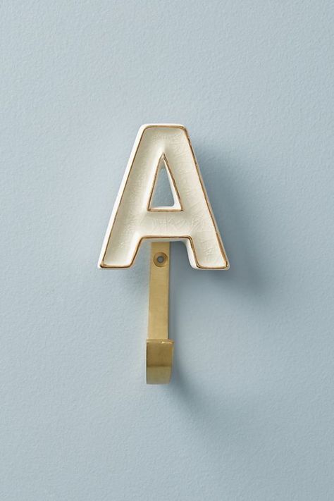 Anthropologie alphabet letter wall hooks. Letter Hooks, Interior Design Colleges, Dorm Inspiration, College Dorm Room Decor, Dorm Bedroom, Clay Polymer, Floral Plates, Clothes Hangers, Kids Bath