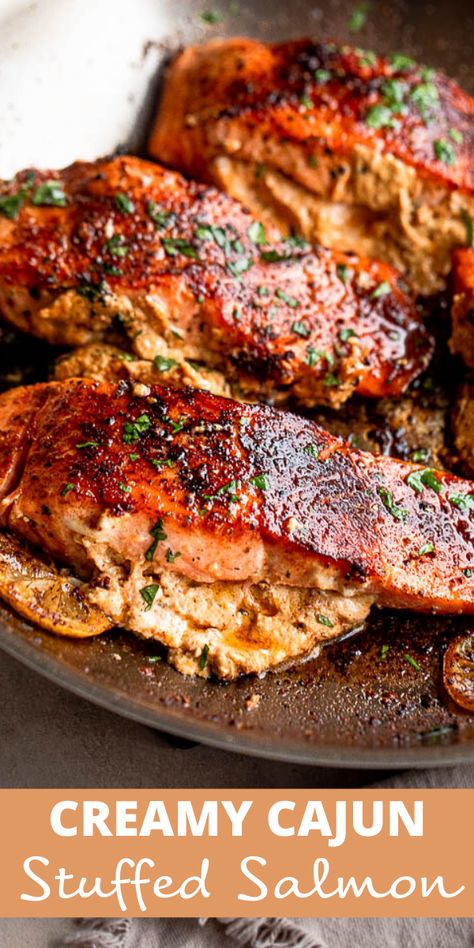 up close stuffed salmon fillets in a skillet Stuff Salmon, Cooking Salmon Fillet, Cajun Salmon, Salmon Dinner, Baked Salmon Recipes, Salmon Dishes, Quick Easy Dinner, Cooking Salmon, Health Dinner Recipes