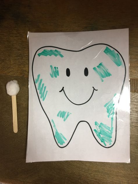 This week’s theme was Dental Health. I talked about all the yucky stuff that gets on our teeth and how important it is to keep them nice and clean! For this activity, my 2 year olds used a popsicle stick with a cotton ball glued to the end as a “toothbrush”—they brushed the green dry erase marker off the tooth until it was all clean! This was such a fun activity! Teeth Prek Activities, Popsicle Stick Toothbrush Craft, Keeping My Body Healthy Preschool, Hygiene Projects For Preschoolers, At The Dentist Preschool, Tooth Cleaning Activity, Teeth For Preschool, Dental Health Activities First Grade, Dentist Circle Time Activities