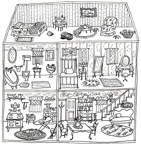 Printable dollhouse from Ann Wood Handmade Coloring House, Dollhouse Illustration, Dollhouse Drawing, Ann Wood, House Colouring Pages, Adult Colouring Pages, Barbie Doll House, House Drawing, Color Therapy