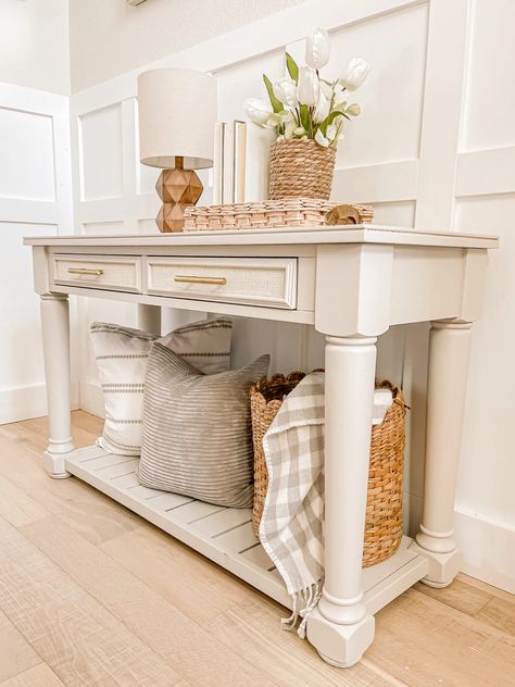 Entry Table Refinishing Ideas, Neutral Sofa Table, Off White Console Table, Painted Entryway Table, Console Table Redo, Console Table Flip, Painted Sofa Table Ideas, Refinished Console Table, Entry Table Refurbished