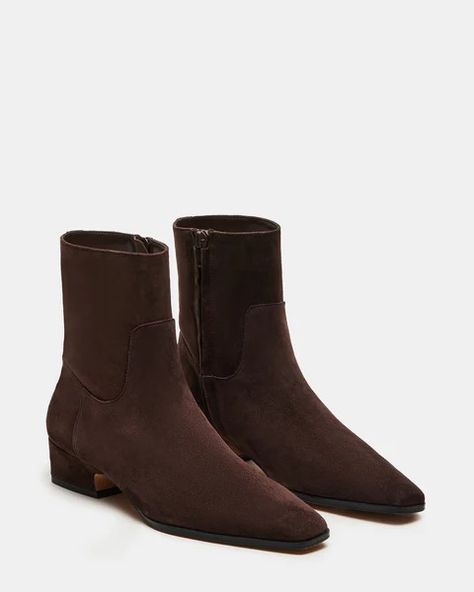 DUSTY Chocolate Brown Suede Ankle Bootie | Women's Booties – Steve Madden Dark Brown Suede Ankle Boots, Brown Flat Ankle Boots Outfit, Flat Ankle Boots Outfit, Suede Booties Outfit, Casual Boots Outfit, Suede Brown Boots, Dark Brown Suede Boots, Dirty Boots, Brown Outfits