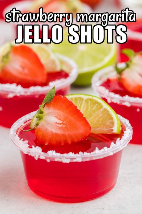 Strawberry Margarita Jello Shots bring all the fun to every occasion with their sweet strawberry jello, a splash of lime, and smooth tequila! #BreadBoozeBacon #strawberry #margarita #jelloshot #jello #tequila #grandmariner #orangeliqueur #limejuice #cocktails #happyhour #poolparty #cincodemayo Margarita Jello Shots Tequila, Orange Jello Shots Tequila, Hot Pink Jello Shots, Bachelorette Jello Shot Ideas, Watermelon Margarita Jello Shots, Peach Ring Jello Shots, Tropical Jello Shots, Green Tea Jello Shots Recipe, Tequila Jello Shot Recipe