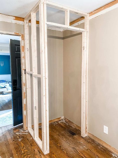 Build A Bedroom Closet, Diy Extra Room How To Build, How To Frame Out A Closet, Build A Closet Wall, Diy Freestanding Closet With Doors, Framing A Door, Building A Closet In A Room Diy, Build A Closet In A Room, How To Frame A Closet