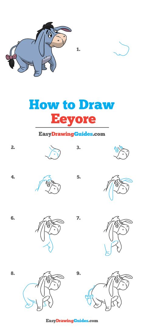 How to Draw Eeyore Step by Step Tutorial Image How To Draw Eeyore Step By Step, Eeyore Drawing Easy Step By Step, How To Draw Winnie The Pooh Characters, How To Draw Eeyore, How To Draw Winnie The Pooh Step By Step, Eeyore Drawing Easy, Easy Beginner Drawings Step By Step, Drawing Eeyore, Easy Disney Drawings Step By Step