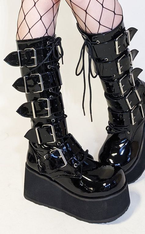 Platform Shoes - Tragic Beautiful Weird Clothing, Alt Culture, Emo Boots, Alt Shoes, Rockstar Fashion, Black Patent Boots, Platform Knee High Boots, Demonia Boots, Goth Shoes