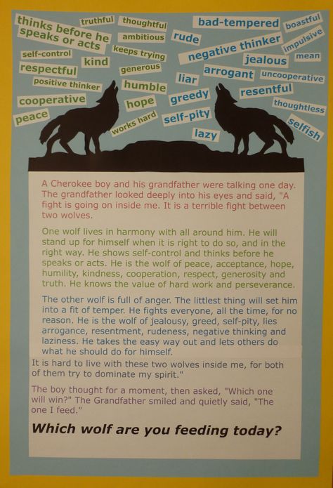 Ms. Maggie Mo's artroom is going to have an awesome poster this year! When I first read the "2 Wolves" story, it struck me that this is the perfect way to describe self-control to children. "Which wolf are you feeding?" encourages children (and adults!) to be mindful of their choices and the consequences as they go through the day. We all make mistakes, but each moment gives us the chance to "choose a different wolf." So I made this poster! Art Class Posters, 2 Wolves, Bully Prevention, Student Leadership, Class Poster, Guidance Lessons, 4th Grade Art, Teacher Material, Elementary School Counseling