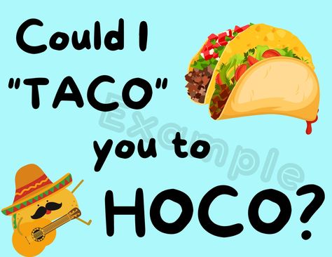 Your taco-loving friend will love this Homecoming proposal ask sign. When you purchase you will get two files, one for printing on 8.5"x11" standard sized paper (labeled as "small"), and the other file if you want to make a larger poster in a size such as 24" x 36" (labeled as "large". In this case you would bring the file to a local printing store and have them print the poster). This is a DIGITAL item. Nothing will be shipped to you. After you pay for the item, you will get a link where you can download the files. Sorry- no returns or refunds on digital items. If you have any issues, please contact me and I will be happy to help. Homecoming Sign Ideas, Cute Hoco Signs, Promposal Ideas For Him, Hoco Posters, Senior Painted Jeans, Cute Hoco Proposals, Homecoming Poster, Sadie Hawkins Dance, Promposal Ideas