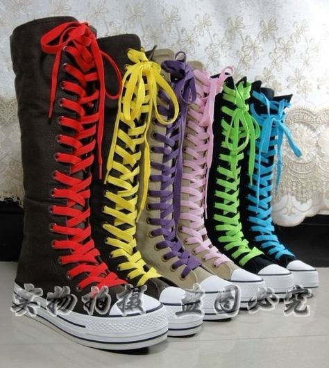 Knee High Canvas Boots Punk Rock Women, Emo Shoes, Knee High Sneakers, Emo Skull, Knee High Converse, High Converse, Converse Boots, Women's Equestrian, Goth Shoes