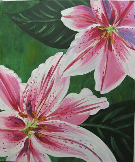 Green And Pink Artwork, Lilly Acrylic Painting, Lilium Painting, Pink And Green Painting Ideas, Lilies Painting Acrylic, Lilies Flowers Painting, Lily Painting Acrylic, Lillies Painting, Lilly Painting