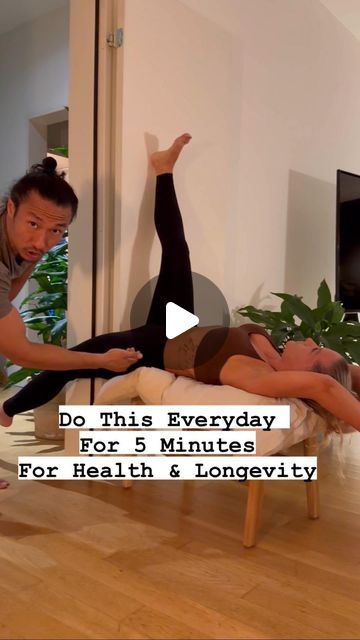 Mike Chang | Flow60 on Instagram: "This is one of the single best stretching exercise you can do for your health and longevity.   Do each side for about 5 minutes.   Make sure your leg has room to hang down, your head has room to hang down, and point your toes back on the foot that’s elevated.   Most importantly, relax.  Set a timer for 5 minutes and remember to do both sides by using your other leg to elevate and let the other hang down.   To train with me for 60 days online, learn more at flow60.com  Special thanks to @carozinsli for helping me demonstrate this 🙏🏼" It Stretches, Stretching Exercise, Bursitis Hip, Mike Chang, Fitness Videos, Chair Exercises, Chair Yoga, Stretching Exercises, Leg Stretching