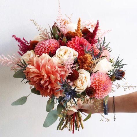 Mountain Bouquet, Autumn Dahlia, Astilbe Bouquet, Dahlia Bridal Bouquet, Pink Astilbe, Dahlia Wedding Bouquets, September Wedding Flowers, Dahlias Wedding, Shades Of Coral