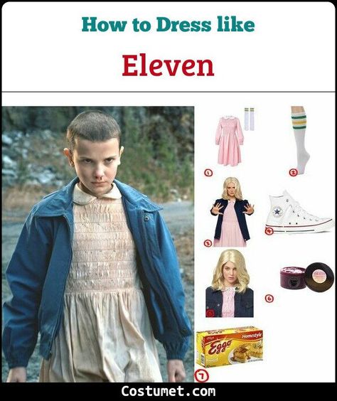 Stranger Things Party Costumes, Diy Eleven Costume Stranger Things, Stranger Things Eleven Costume Ideas, Eleven Stranger Things Halloween Costume, Easy Stranger Things Costume, 11 Costume Stranger Things, Eleven Stranger Things Costume Diy, Eleven Costume Ideas, 11 Stranger Things Costume