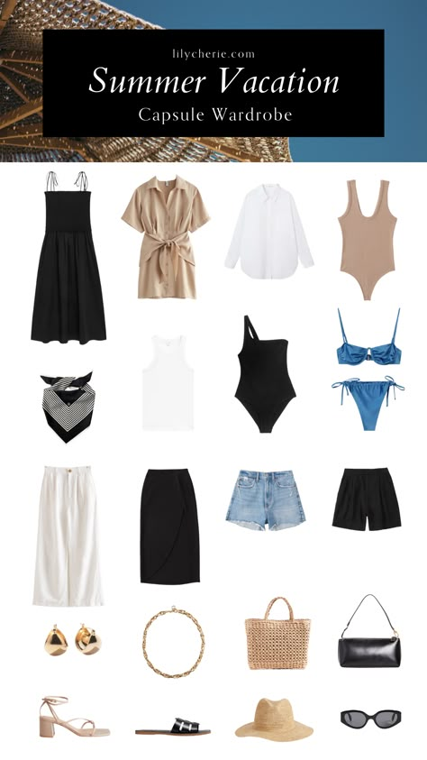 Basic Travel Outfits Summer, Closet Capsule Wardrobe Summer, Travelling Capsule Wardrobe, Capsule Wardrobe Rome Summer, What To Pack For Summer Vacation Clothes, Europe Summer Vacation Capsule, Vacay Capsule Wardrobe, 1 Month Europe Packing List Summer, Hawaii Outfit Capsule