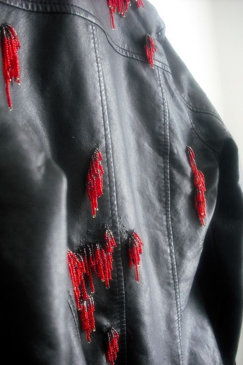 fix up old pleather jacket, repair peeling fake leather clothing, seed bead fringe, beaded jacket Beaded Leather Jacket, Diy Leather Jacket Refashion, Embroidery On Leather Jacket, Patched Leather Jacket, Upcycling Leather Jacket, Upcycle Leather Jacket Diy Ideas, Leather Jacket Upcycle, Leather Jacket Repair, Diy Leather Jacket