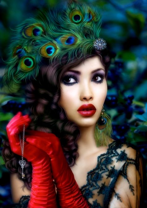 Art ID: 66067 Perfect Red Lips, Manic Monday, Peacock Feathers, Girls Illustration, Digital Portrait, Marie Antoinette, Fairy Tale, Female Art, Digital Artwork