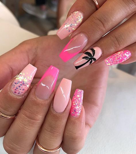 🌹Ꮲɪɴᴛᴇʀᴇsᴛ|@sɴᴇᴀᴋᴇʀ ʙᴀᴇ Creative Summer Nails, Hawaiian Acrylic Nails, Pink Tropical Nails, Tropical Nail Art Hawaii, Neon Pink And Black Nails, Sns Nails Designs, Hawaiian Nails, Multicolored Nails, Tropical Nails