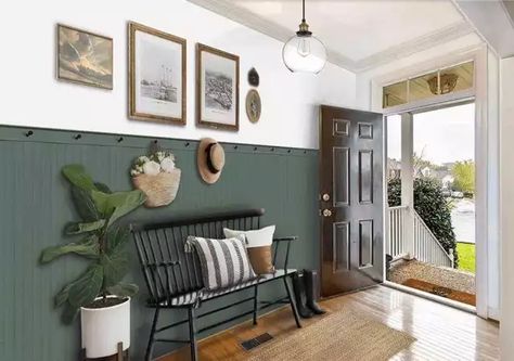 Entry Wall Color Ideas, Foyer Paint Color Ideas Entryway, Breezeway Entry, Entryway Wall Ideas, Entryway Update, Entryway Green, Green Entryway, Green Painted Walls, Bedroom Paint Colors Master