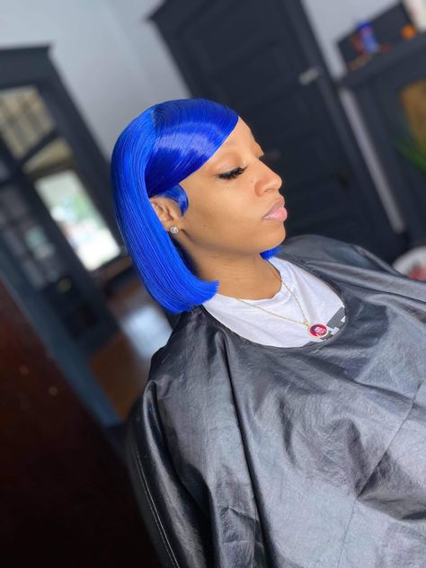 Blue Swoop Wig, Blue Frontal Bob, Bob With A Swoop, Blue Bob Wig Black Women, Bob Wig With Swoop, Blue Bob Hairstyles, Side Swoop Bob, Swoop Bob Wig, Side Part Swoop Bob Weave