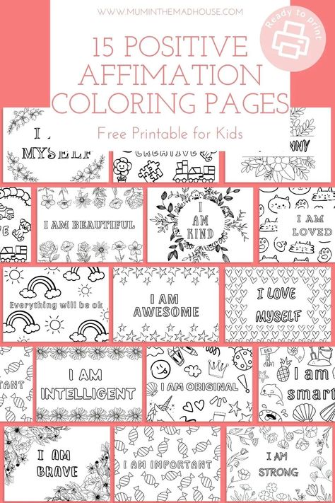 15 Simple Positive Affirmation Coloring pages for Kids designed to inspire positive thinking, self confidence and a growth mindset Positive Affirmation Coloring Pages, Affirmation Coloring Pages, Positive Affirmations For Kids, Everything Will Be Ok, Affirmations For Kids, I Am Beautiful, Words Of Affirmation, Positive Affirmation, Self Confidence