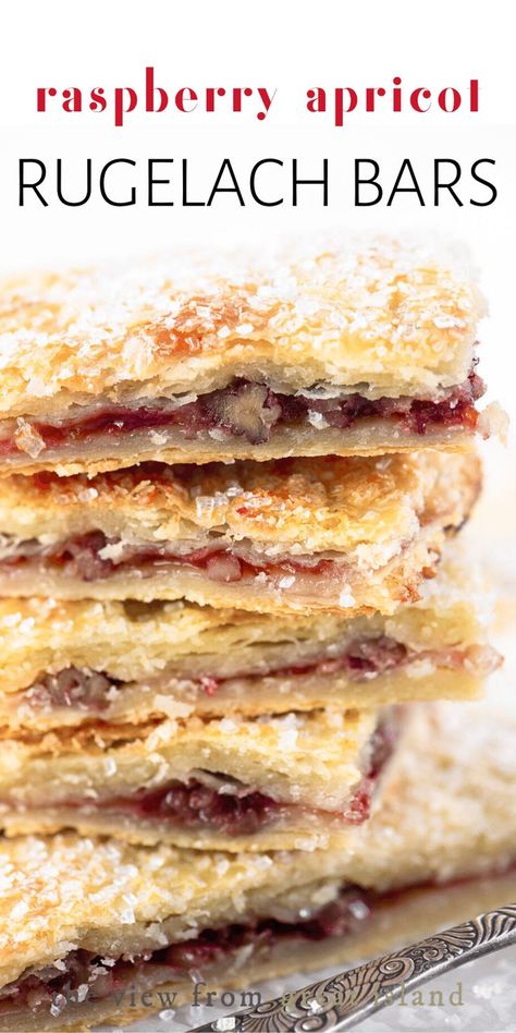 Jan 24, 2020 - My Raspberry Apricot Rugelach Bars are made like a classic rugelach recipe, but in an easier bar form. They're buttery, flakey, and delicious! #easy #recipe #rugelach #jewish #authentic #slab #bars #jam #nuts #hanukkah #pastry #pie #piebars Rugelach Recipe Easy, Raspberry Rugelach Recipe, Raspberry Rugelach, Meringue Bars, Apricot Bars, Rugelach Recipe, Rhubarb Bars, Island Recipes, Cake Mug