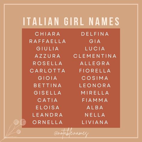 Alright, I did a list for the boys so it's only fair to also do a list for the girls and oh baby do I have some delightful Italian Baby Girl Names for you! I'm even letting it slide that all the names end in A because I love them too much to care (or at least just enough to notice, but not enough to overhaul the list). But they're flowing and gorgeous and vowel heavy names and I love them so. I've got some classics on here, but some feel fresh and new, can you spot any names you haven't seen ... Italian Names Aesthetic, Italian Names Girl, Italian Names For Girls, Italian Baby Girl Names, Italian Last Names, Italian Boy Names, Italian Names Boy, Italian Girl Names, Italian Names