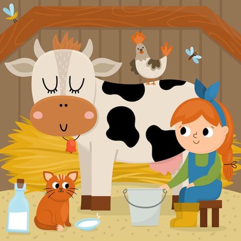 Milking Cow, Farm Cartoon, Farm Clipart, Cow Cartoon, Cow Cute, Milk The Cow, Cow Illustration, Farmer Girl, Cow Clipart