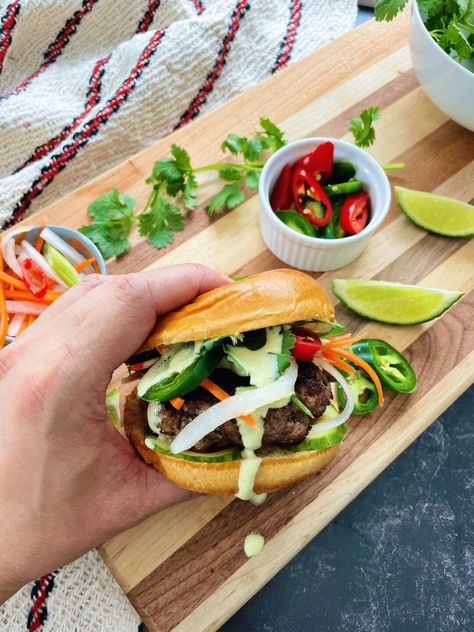 Banh Mi Burger, Maggi Sauce, Pickled Daikon, Vietnamese Banh Mi, Vietnamese Fish, Banh Mi Sandwich, Brioche Bun, Tastemade Recipes, Beef Patty