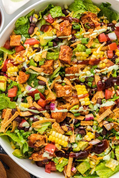 How to Make The Best Southwest Chicken BBQ Salad Barbecue Chicken Salad, Cilantro Ranch Dressing, Cilantro Ranch, Bbq Salad, Southwest Chicken Salad, Southwest Salad, Bbq Salads, Bbq Chicken Salad, Chicken Bbq